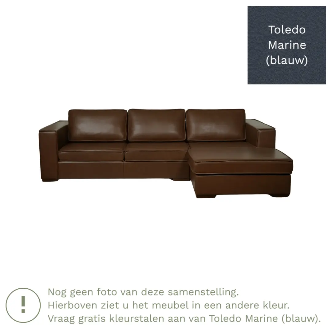 afbeelding van Leren hoekbank Fine - 3 zits arm links + longchair rechts - Toledo Marine (blauw) - Poten hout bruin