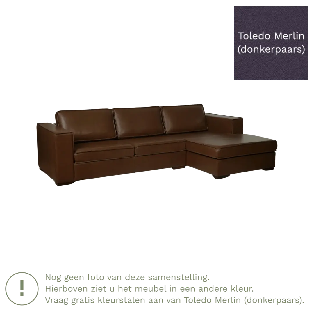 afbeelding van Leren hoekbank Fine - 3 zits arm links + longchair rechts - Toledo Merlin (donkerpaars) - Poten hout zwart
