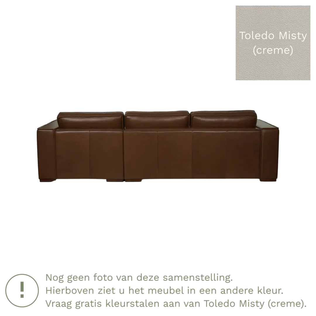 afbeelding van Leren hoekbank Fine - 3 zits arm links + longchair rechts - Toledo Misty (crème) - Poten hout zwart