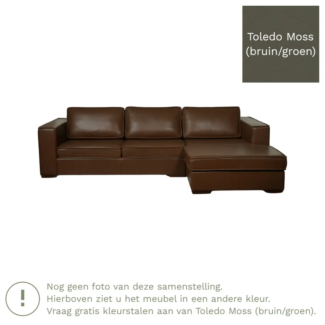 afbeelding van Leren hoekbank Fine - 3 zits arm links + longchair rechts - Toledo Moss (bruin/groen) - Poten hout zwart