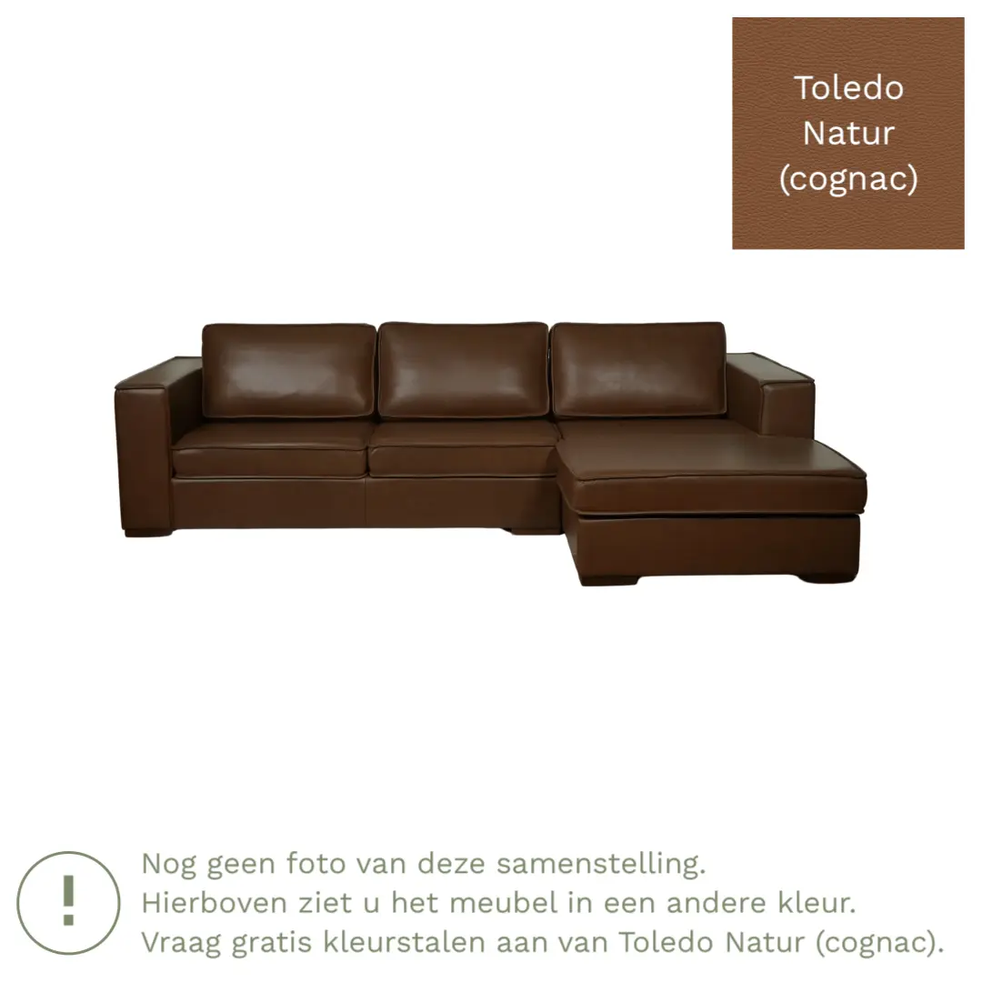 afbeelding van Leren hoekbank Fine - 3 zits arm links + longchair rechts - Toledo Natur (cognac) - Poten hout bruin