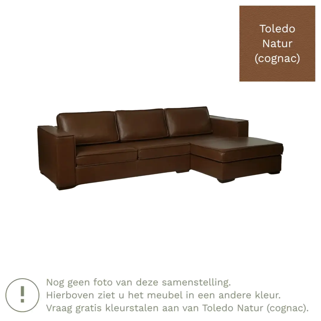 afbeelding van Leren hoekbank Fine - 3 zits arm links + longchair rechts - Toledo Natur (cognac) - Poten hout zwart
