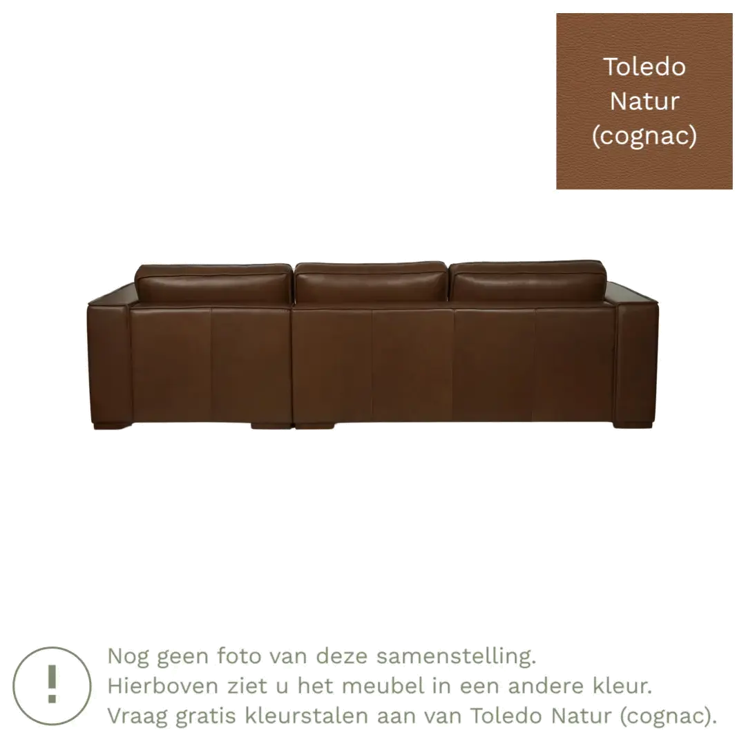 afbeelding van Leren hoekbank Fine - 3 zits arm links + longchair rechts - Toledo Natur (cognac) - Poten hout zwart