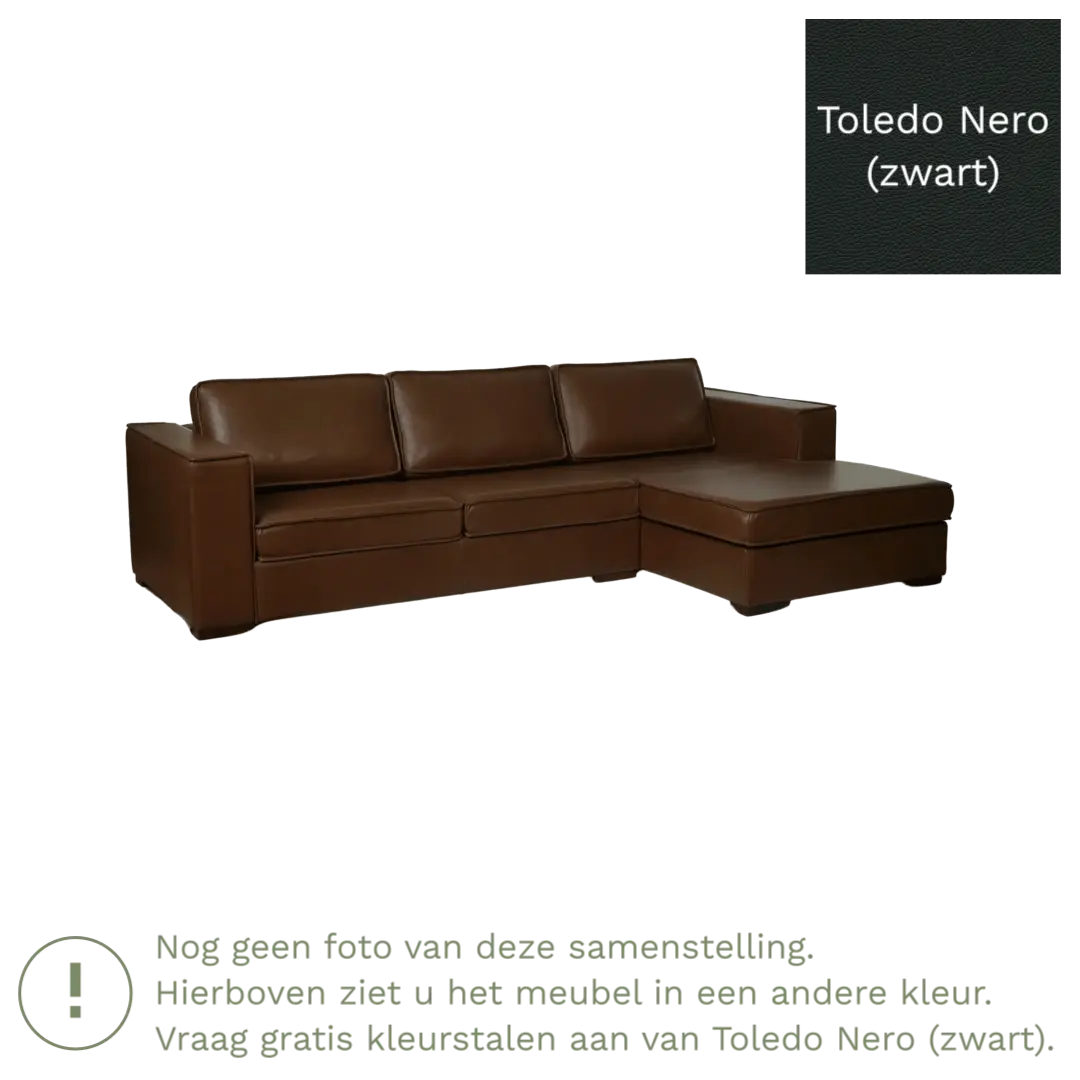 afbeelding van Leren hoekbank Fine - 3 zits arm links + longchair rechts - Toledo Nero (zwart) - Poten hout bruin
