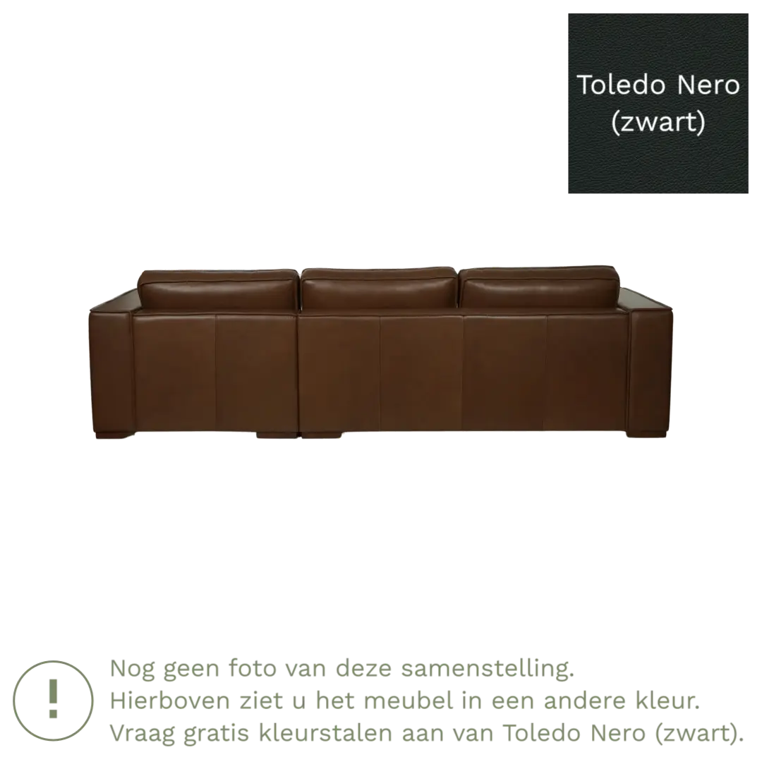 afbeelding van Leren hoekbank Fine - 3 zits arm links + longchair rechts - Toledo Nero (zwart) - Poten hout bruin