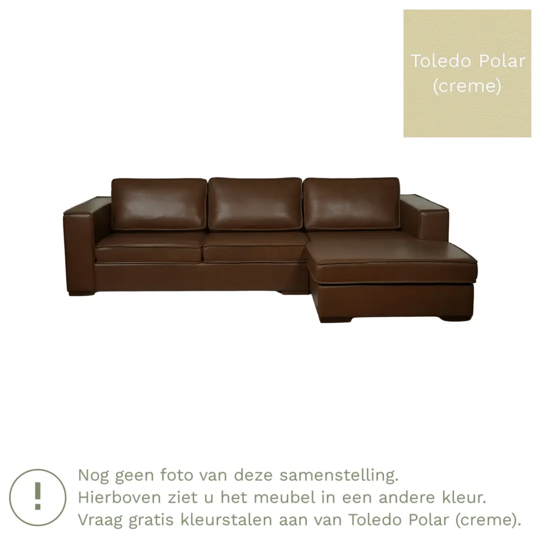 afbeelding van Leren hoekbank Fine - 3 zits arm links + longchair rechts - Toledo Polar (crème) - Poten hout zwart