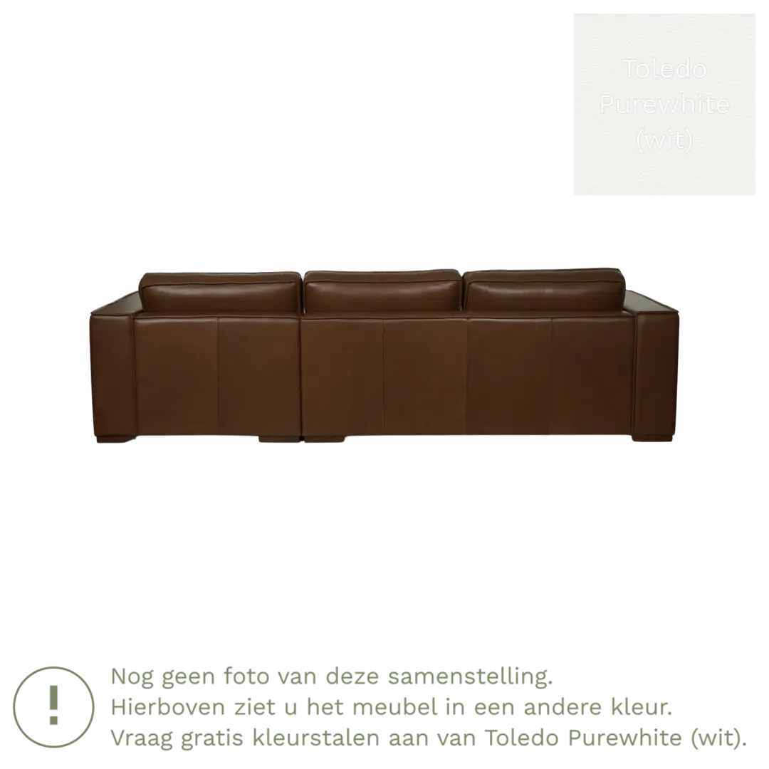 afbeelding van Leren hoekbank Fine - 3 zits arm links + longchair rechts - Toledo Purewhite (wit) - Poten hout bruin