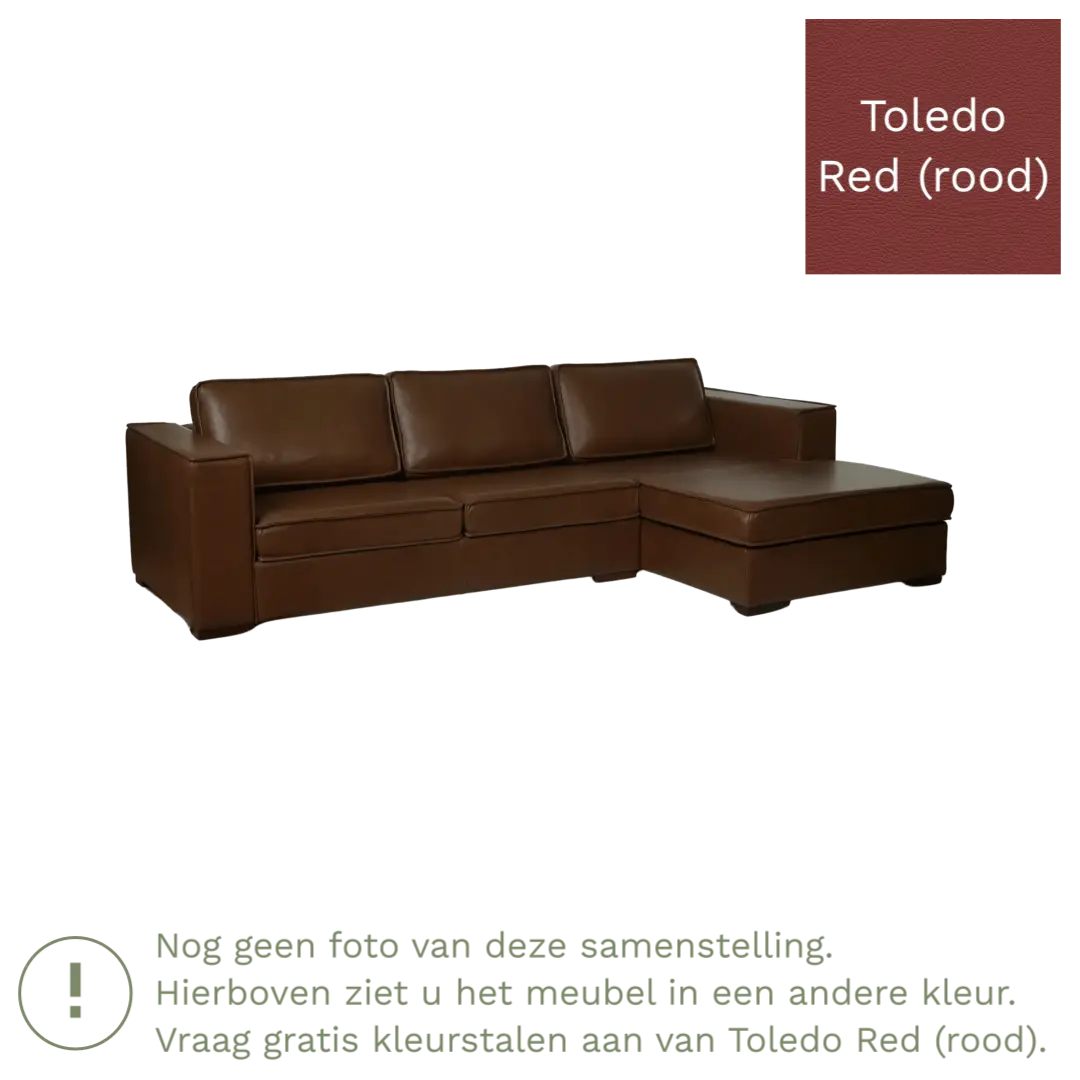 afbeelding van Leren hoekbank Fine - 3 zits arm links + longchair rechts - Toledo Red (rood) - Poten hout bruin