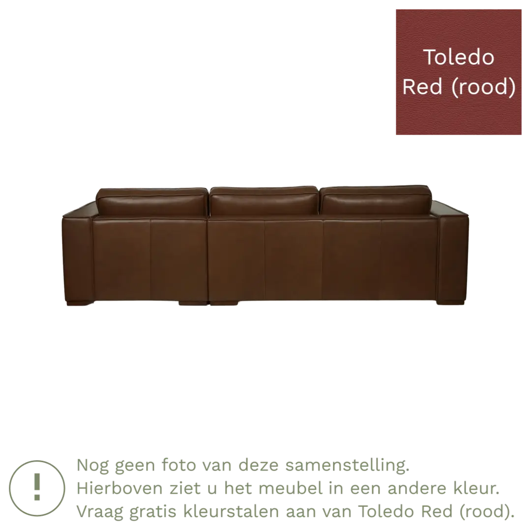 afbeelding van Leren hoekbank Fine - 3 zits arm links + longchair rechts - Toledo Red (rood) - Poten hout bruin