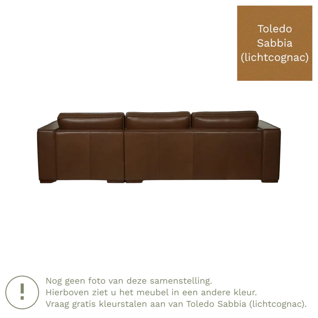 afbeelding van Leren hoekbank Fine - 3 zits arm links + longchair rechts - Toledo Sabbia (lichtcognac) - Poten hout bruin