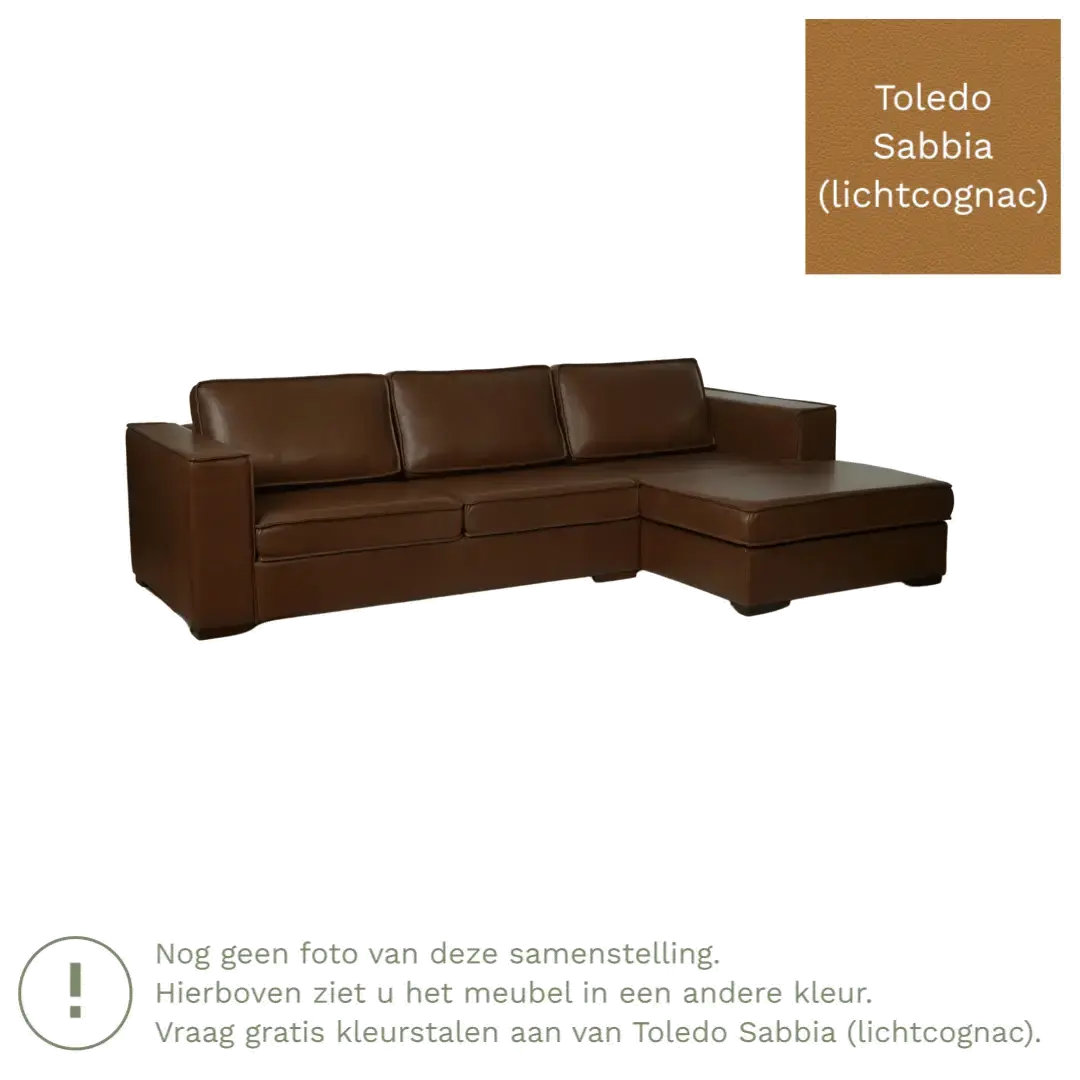 afbeelding van Leren hoekbank Fine - 3 zits arm links + longchair rechts - Toledo Sabbia (lichtcognac) - Poten hout zwart