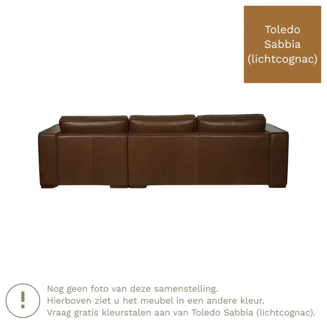 afbeelding van Leren hoekbank Fine - 3 zits arm links + longchair rechts - Toledo Sabbia (lichtcognac) - Poten hout zwart