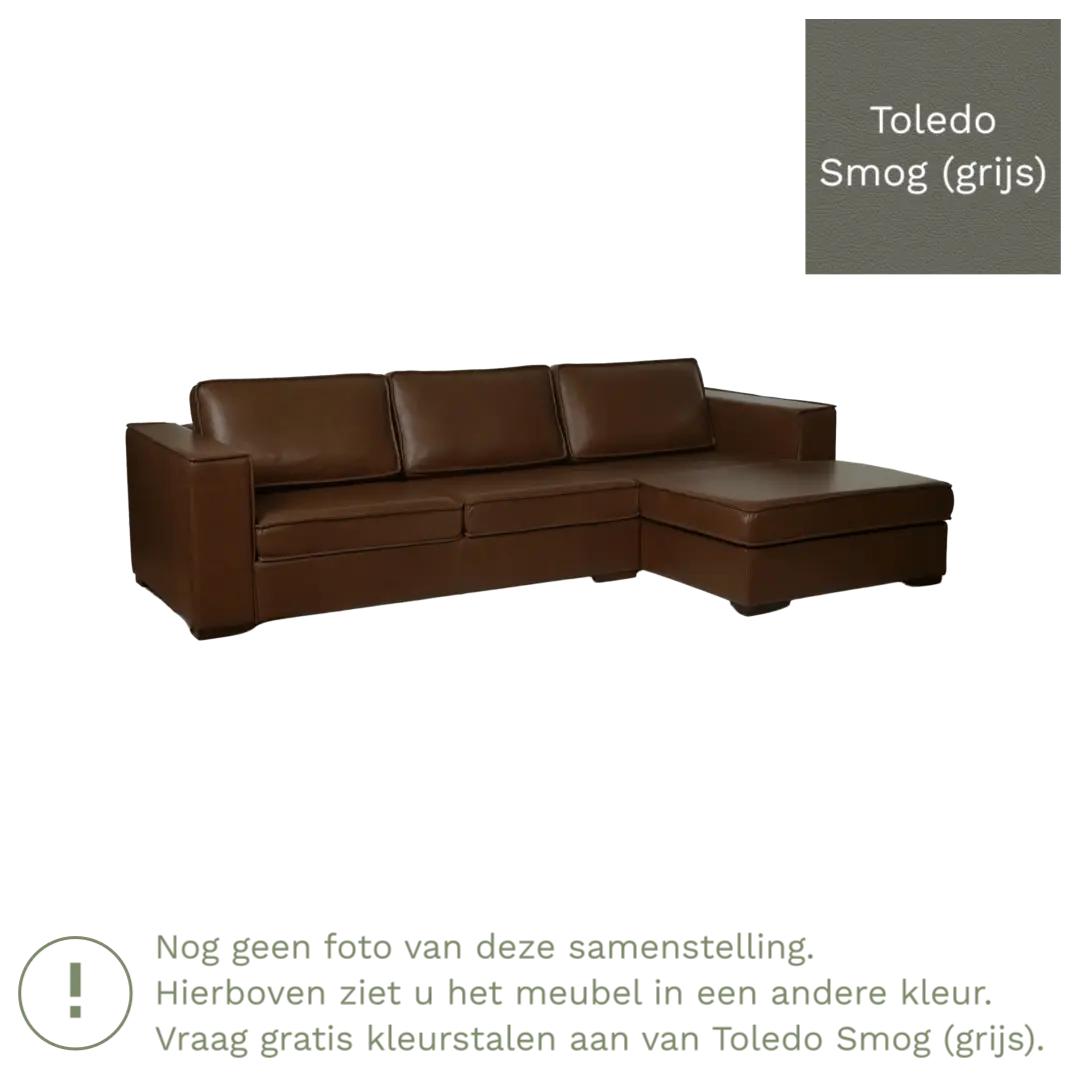 afbeelding van Leren hoekbank Fine - 3 zits arm links + longchair rechts - Toledo Smog (grijs) - Poten hout zwart