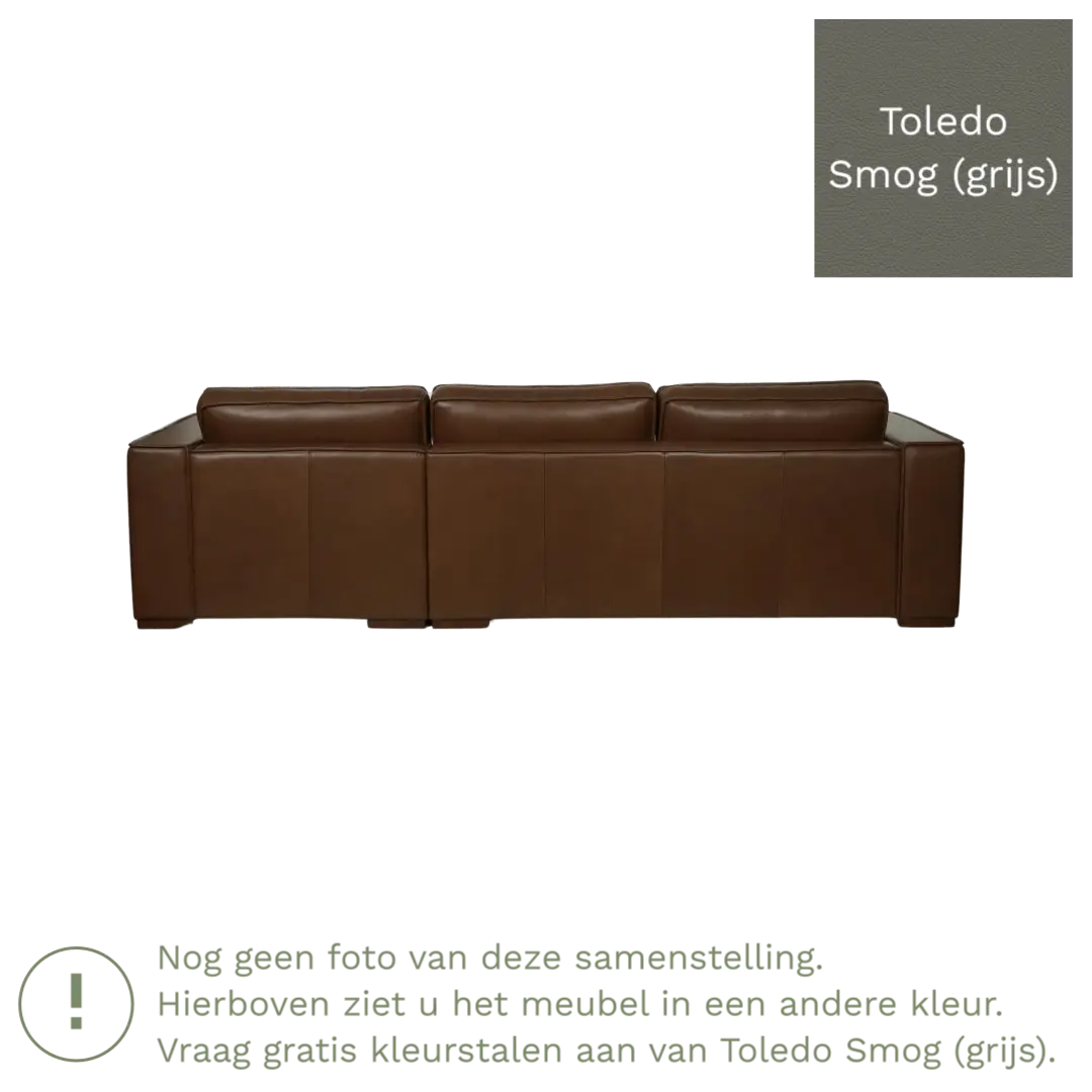 afbeelding van Leren hoekbank Fine - 3 zits arm links + longchair rechts - Toledo Smog (grijs) - Poten hout zwart