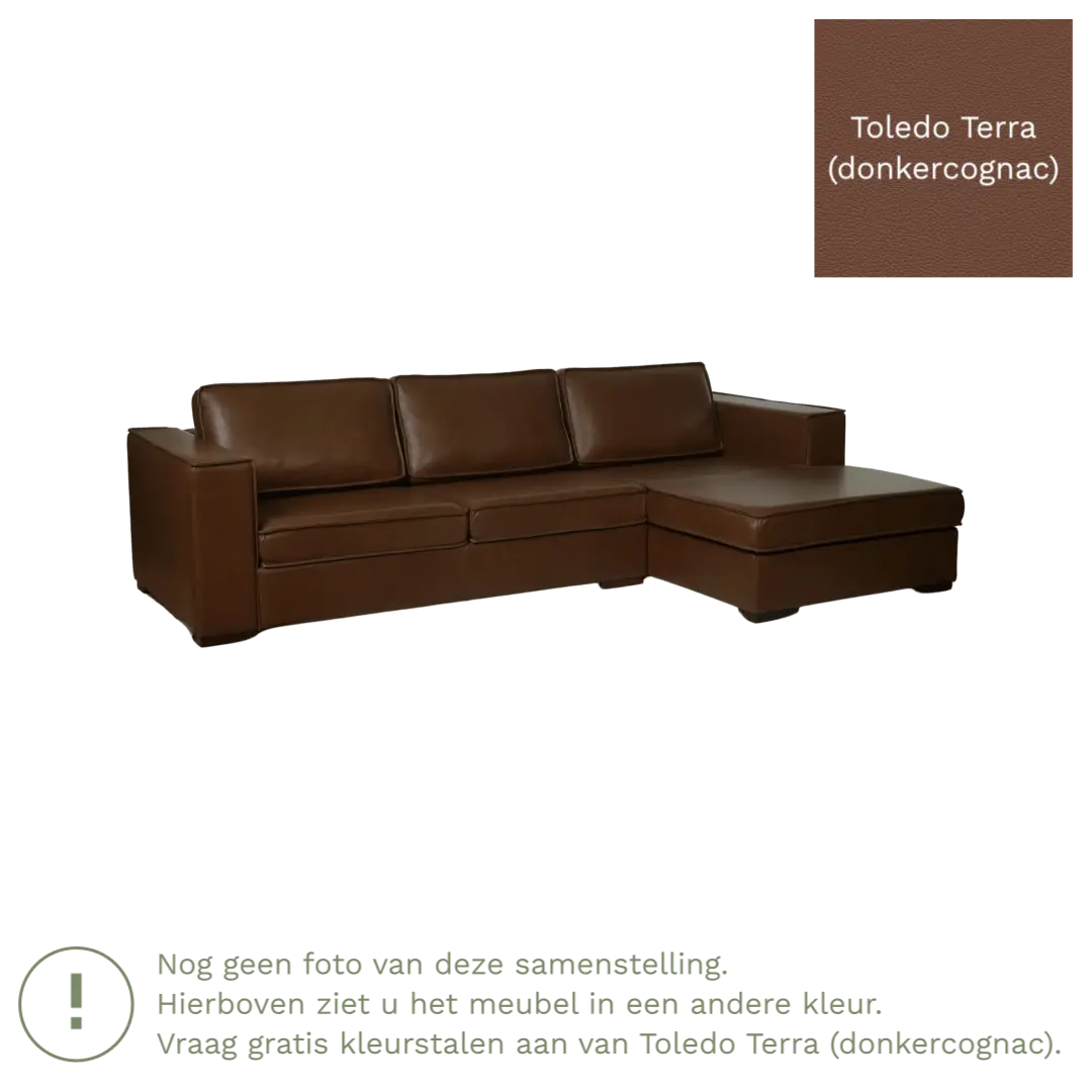 afbeelding van Leren hoekbank Fine - 3 zits arm links + longchair rechts - Toledo Terra (donkercognac) - Poten hout zwart