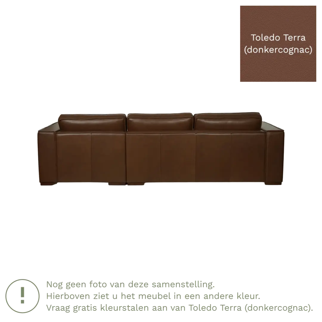 afbeelding van Leren hoekbank Fine - 3 zits arm links + longchair rechts - Toledo Terra (donkercognac) - Poten hout zwart