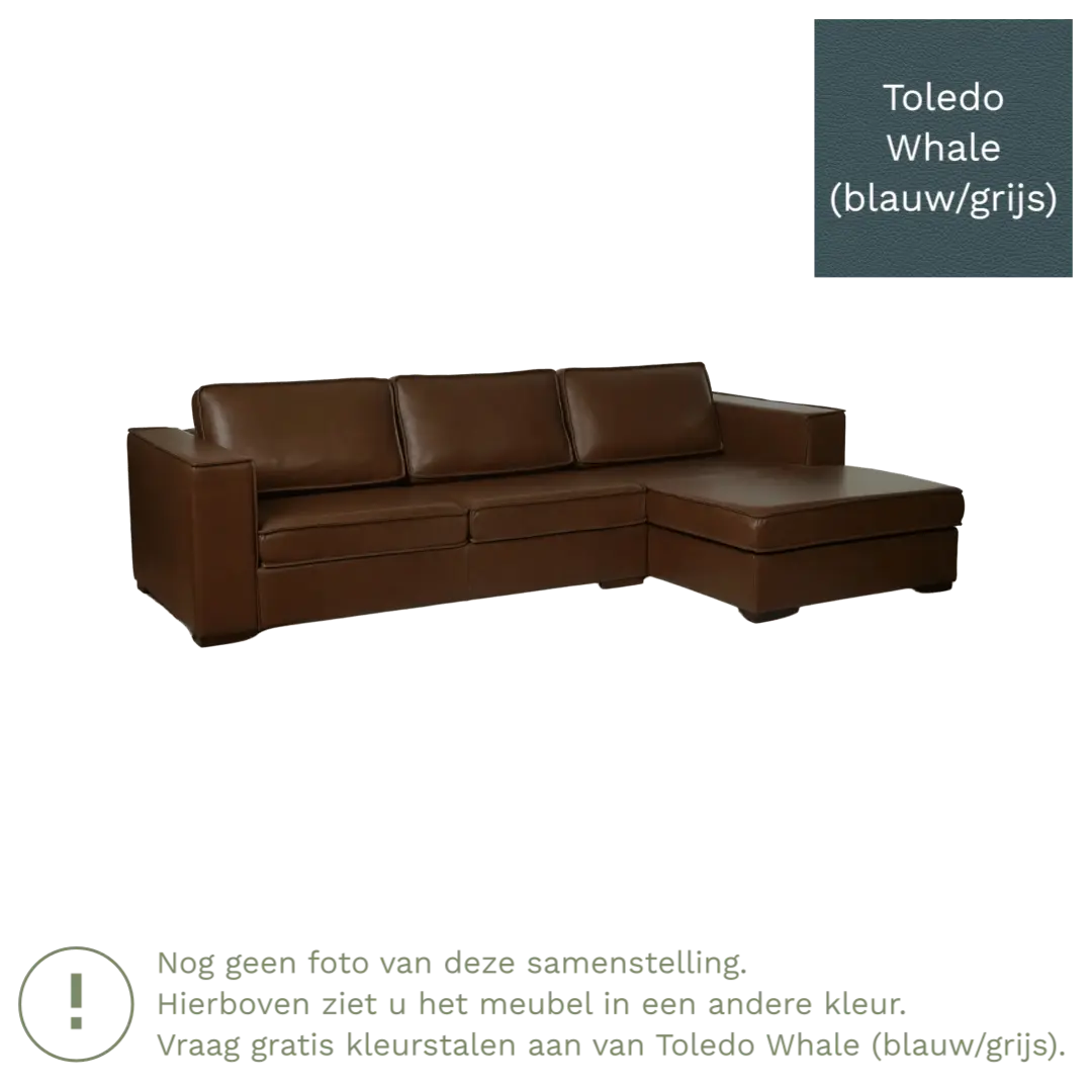 afbeelding van Leren hoekbank Fine - 3 zits arm links + longchair rechts - Toledo Whale (blauw/grijs) - Poten hout bruin