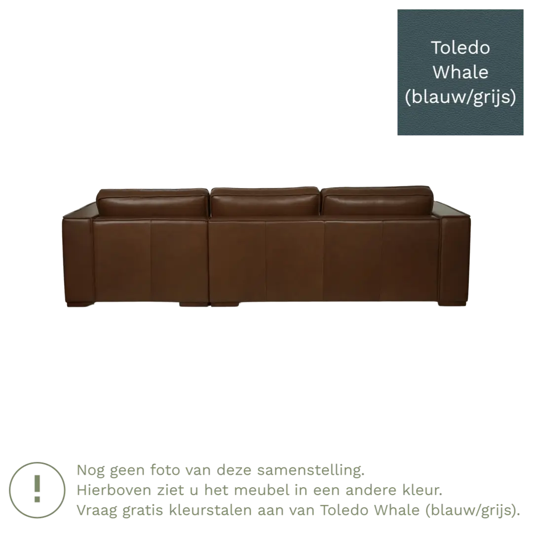 afbeelding van Leren hoekbank Fine - 3 zits arm links + longchair rechts - Toledo Whale (blauw/grijs) - Poten hout bruin
