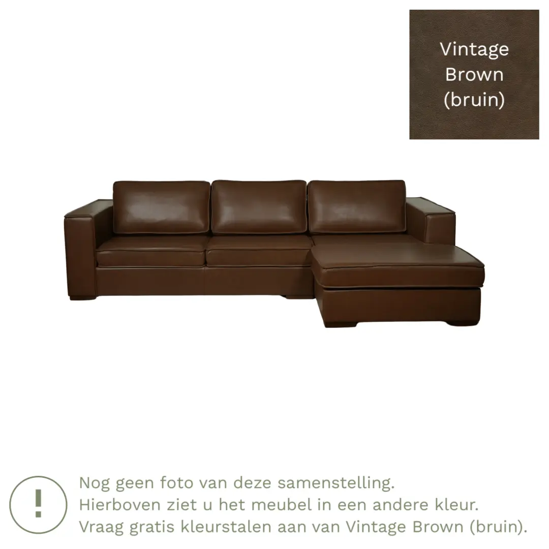 afbeelding van Leren hoekbank Fine - 3 zits arm links + longchair rechts - Vintage Brown (bruin) - Poten hout zwart