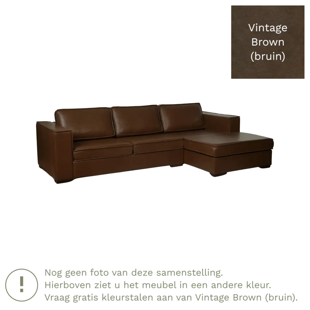 afbeelding van Leren hoekbank Fine - 3 zits arm links + longchair rechts - Vintage Brown (bruin) - Poten hout zwart