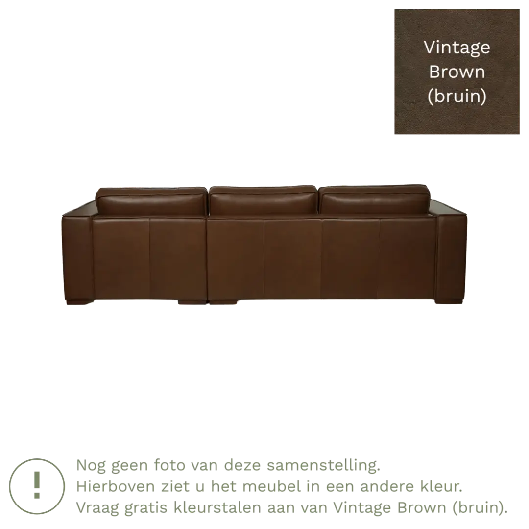afbeelding van Leren hoekbank Fine - 3 zits arm links + longchair rechts - Vintage Brown (bruin) - Poten hout zwart