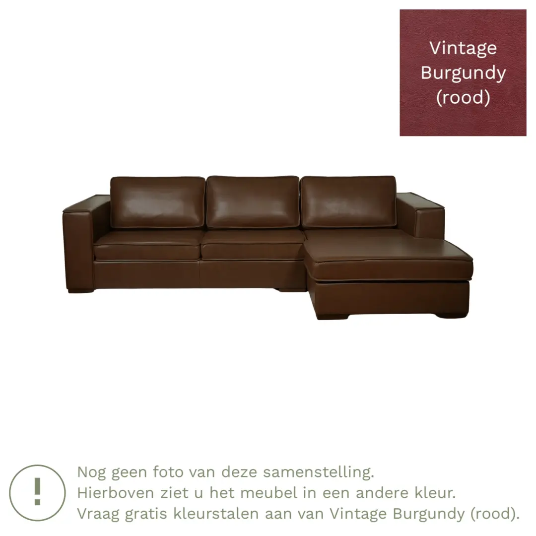 afbeelding van Leren hoekbank Fine - 3 zits arm links + longchair rechts - Vintage Burgundy (rood) - Poten hout zwart