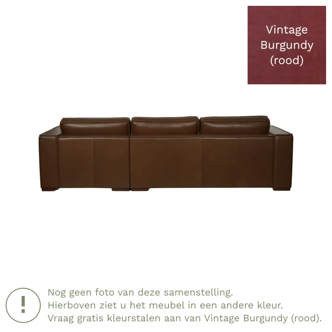 afbeelding van Leren hoekbank Fine - 3 zits arm links + longchair rechts - Vintage Burgundy (rood) - Poten hout zwart