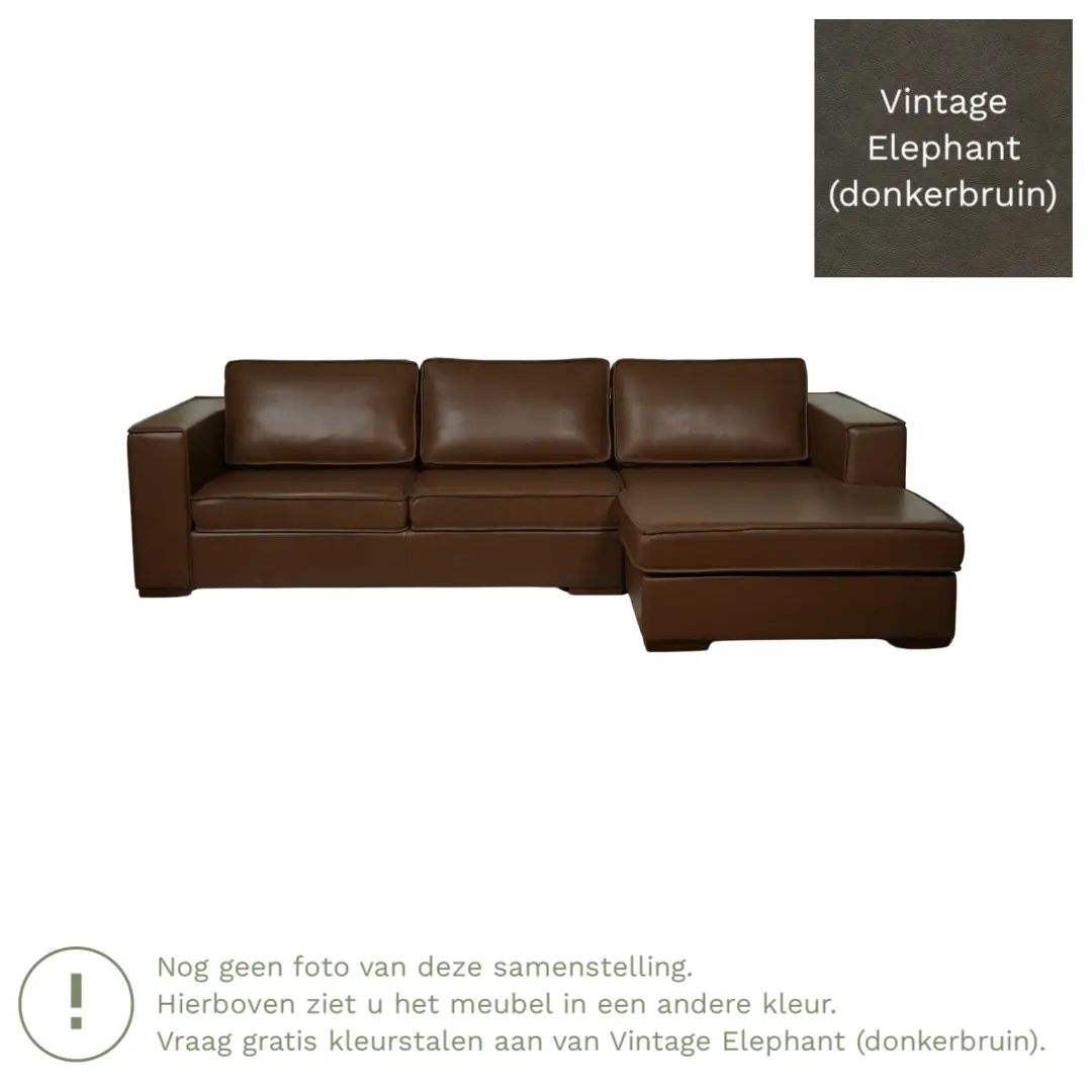 afbeelding van Leren hoekbank Fine - 3 zits arm links + longchair rechts - Vintage Elephant (donkerbruin) - Poten hout bruin