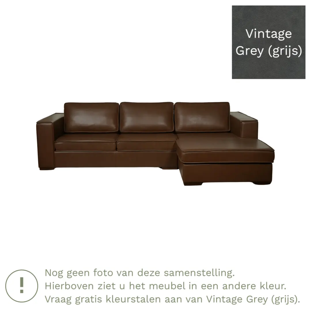 afbeelding van Leren hoekbank Fine - 3 zits arm links + longchair rechts - Vintage Grey (grijs) - Poten hout zwart