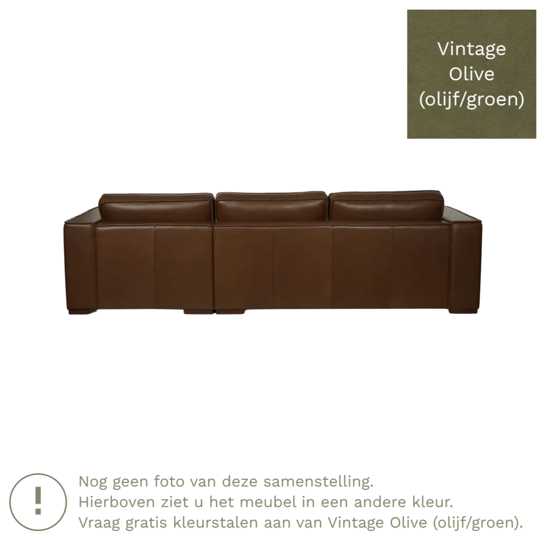 afbeelding van Leren hoekbank Fine - 3 zits arm links + longchair rechts - Vintage Olive (olijf/groen) - Poten hout zwart