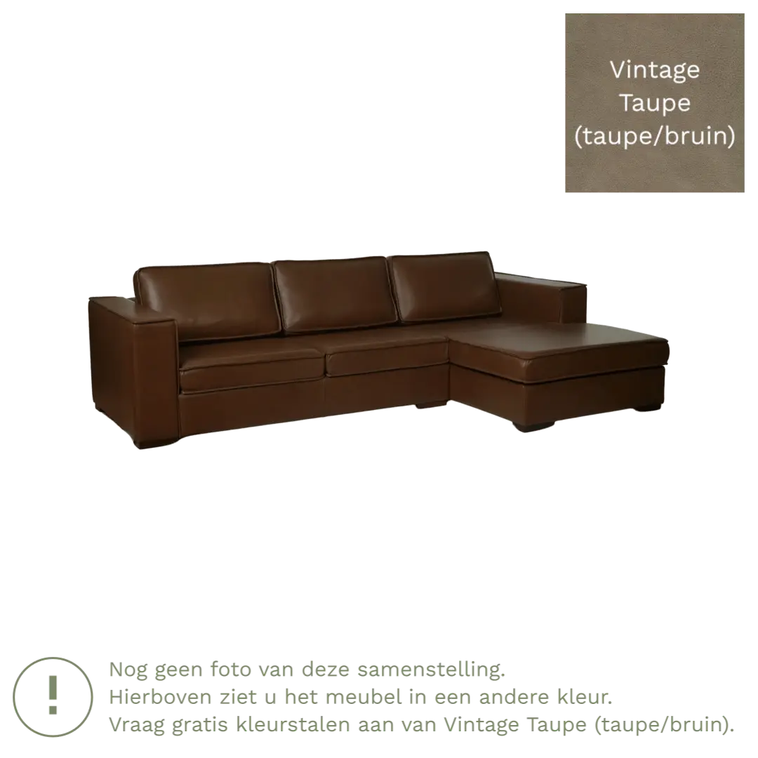 afbeelding van Leren hoekbank Fine - 3 zits arm links + longchair rechts - Vintage Taupe (taupe/bruin) - Poten hout bruin