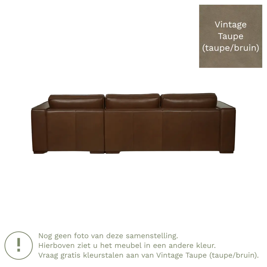 afbeelding van Leren hoekbank Fine - 3 zits arm links + longchair rechts - Vintage Taupe (taupe/bruin) - Poten hout bruin