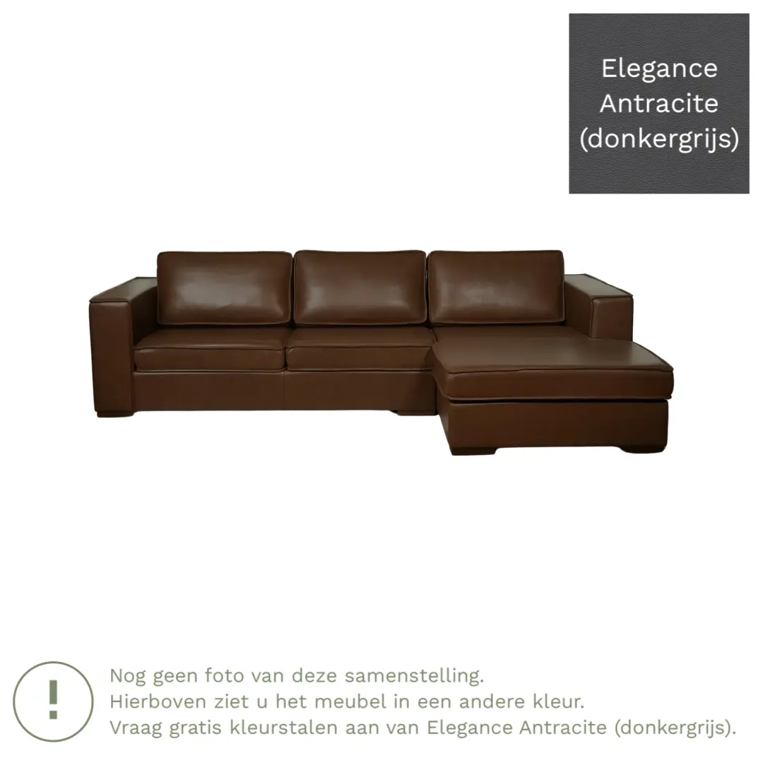 afbeelding van Leren hoekbank Fine - 3 zits arm rechts + longchair links - Elegance Antracite (donkergrijs) - Poten hout zwart