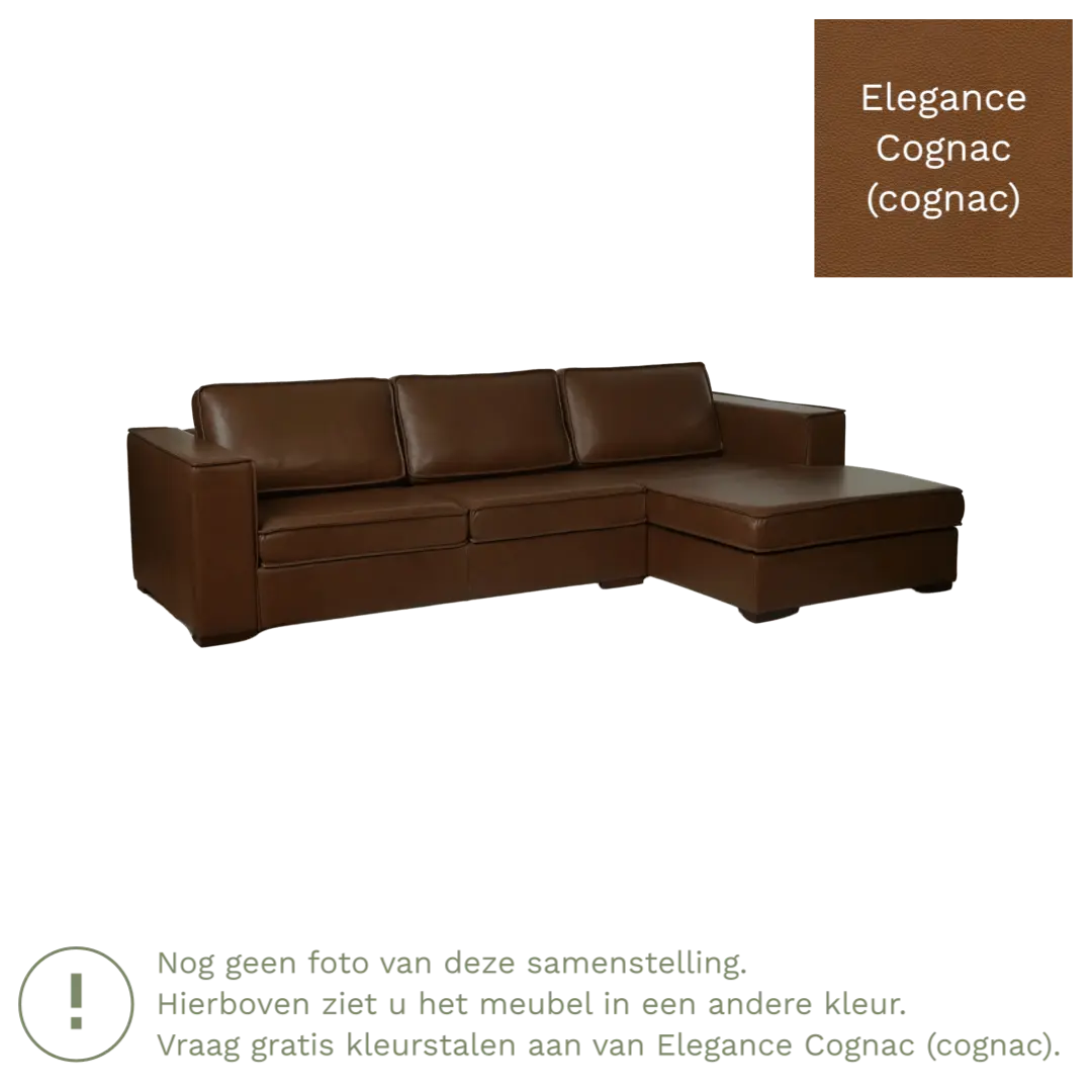 afbeelding van Leren hoekbank Fine - 3 zits arm rechts + longchair links - Elegance Cognac (cognac) - Poten hout zwart