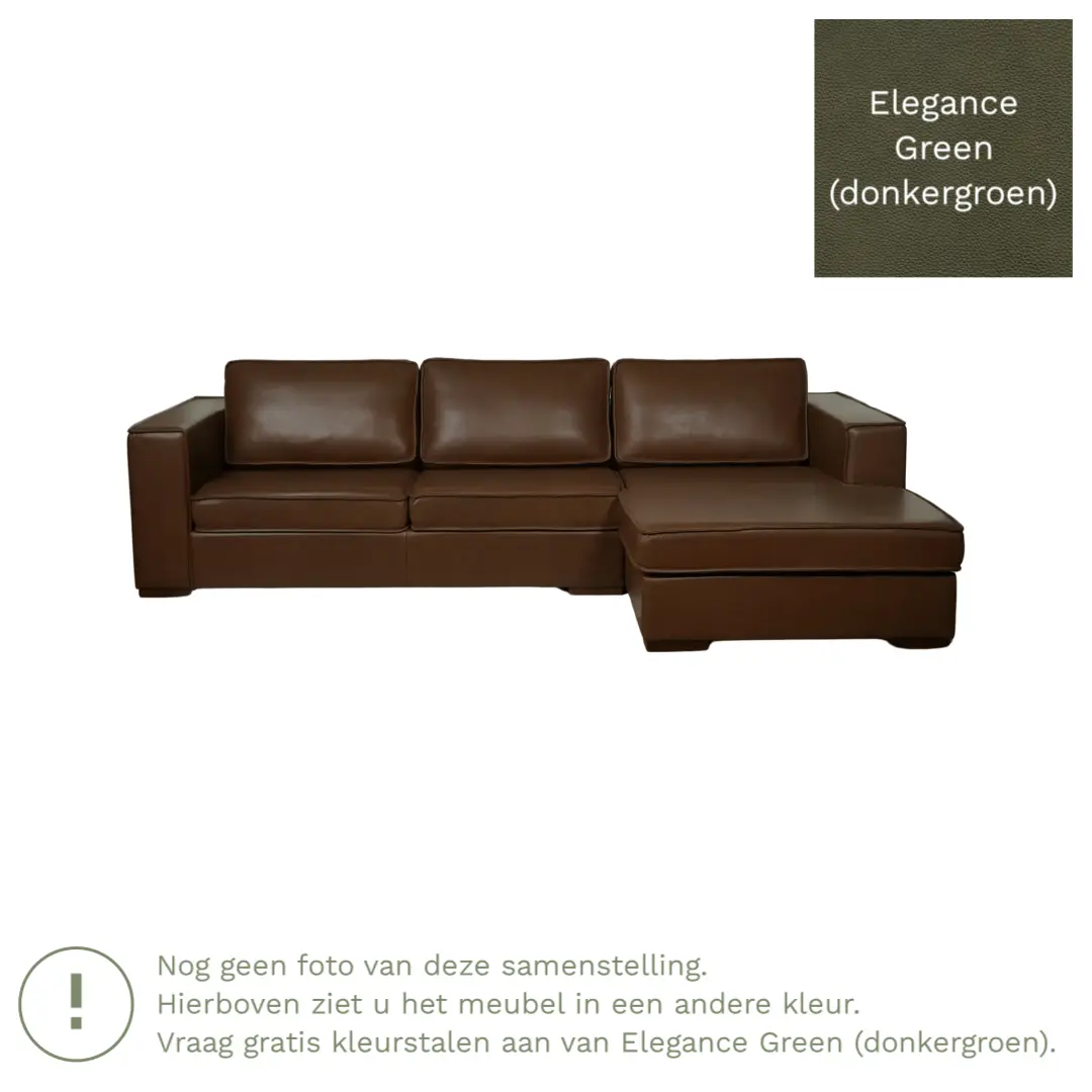 afbeelding van Leren hoekbank Fine - 3 zits arm rechts + longchair links - Elegance Green (donkergroen) - Poten hout bruin