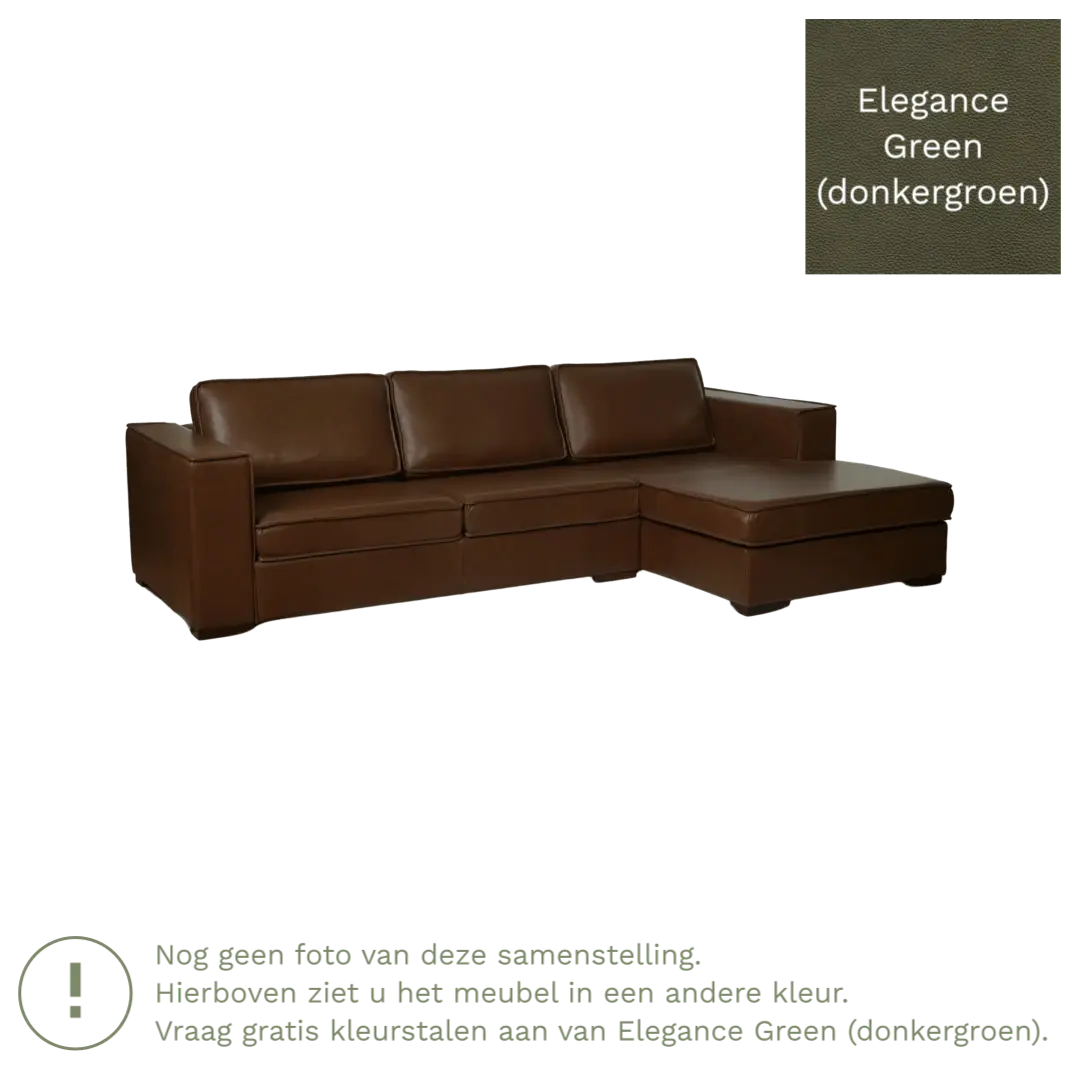 afbeelding van Leren hoekbank Fine - 3 zits arm rechts + longchair links - Elegance Green (donkergroen) - Poten hout bruin