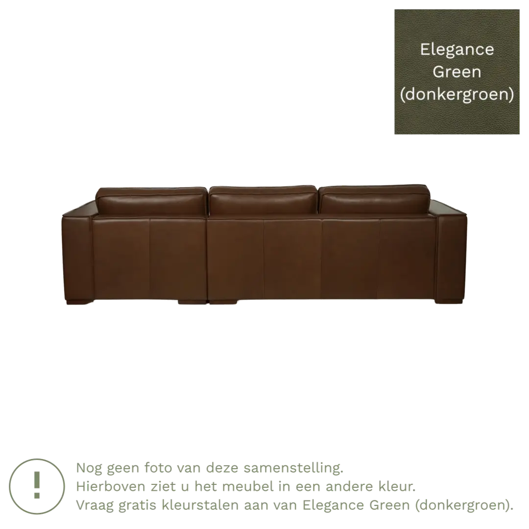 afbeelding van Leren hoekbank Fine - 3 zits arm rechts + longchair links - Elegance Green (donkergroen) - Poten hout bruin