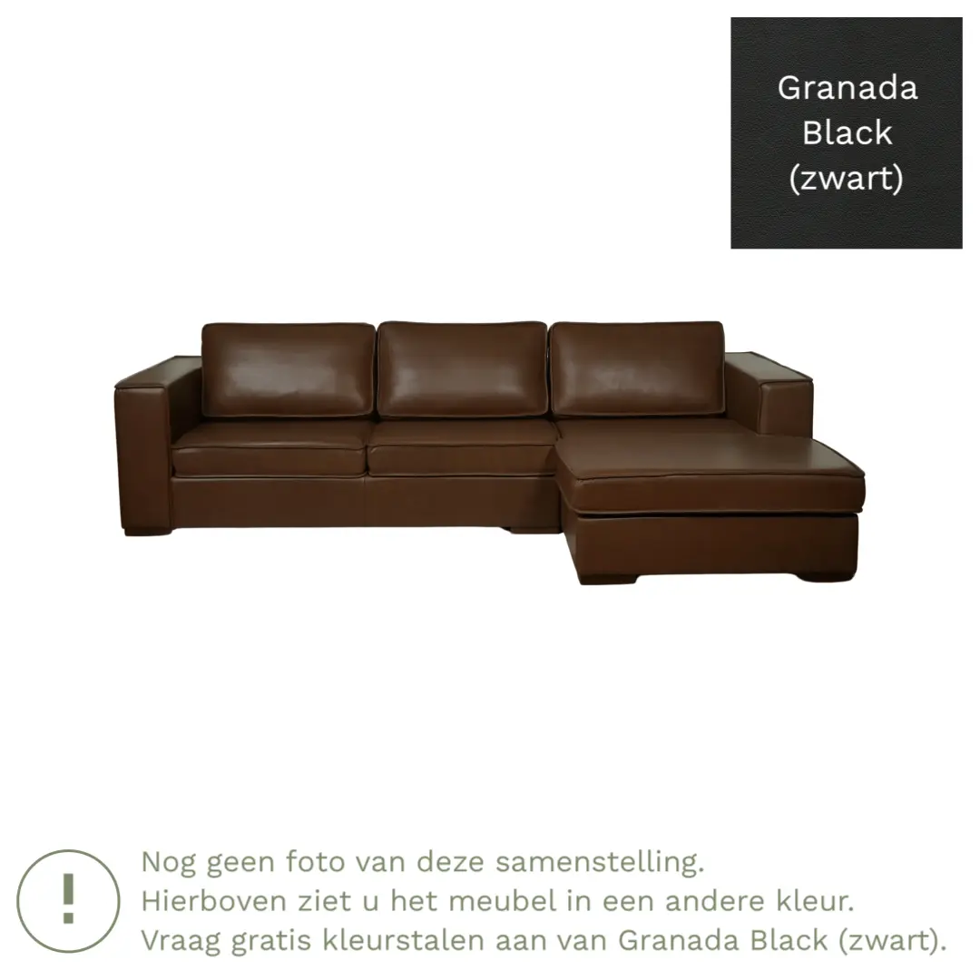 afbeelding van Leren hoekbank Fine - 3 zits arm rechts + longchair links - Granada Black (zwart) - Poten hout bruin