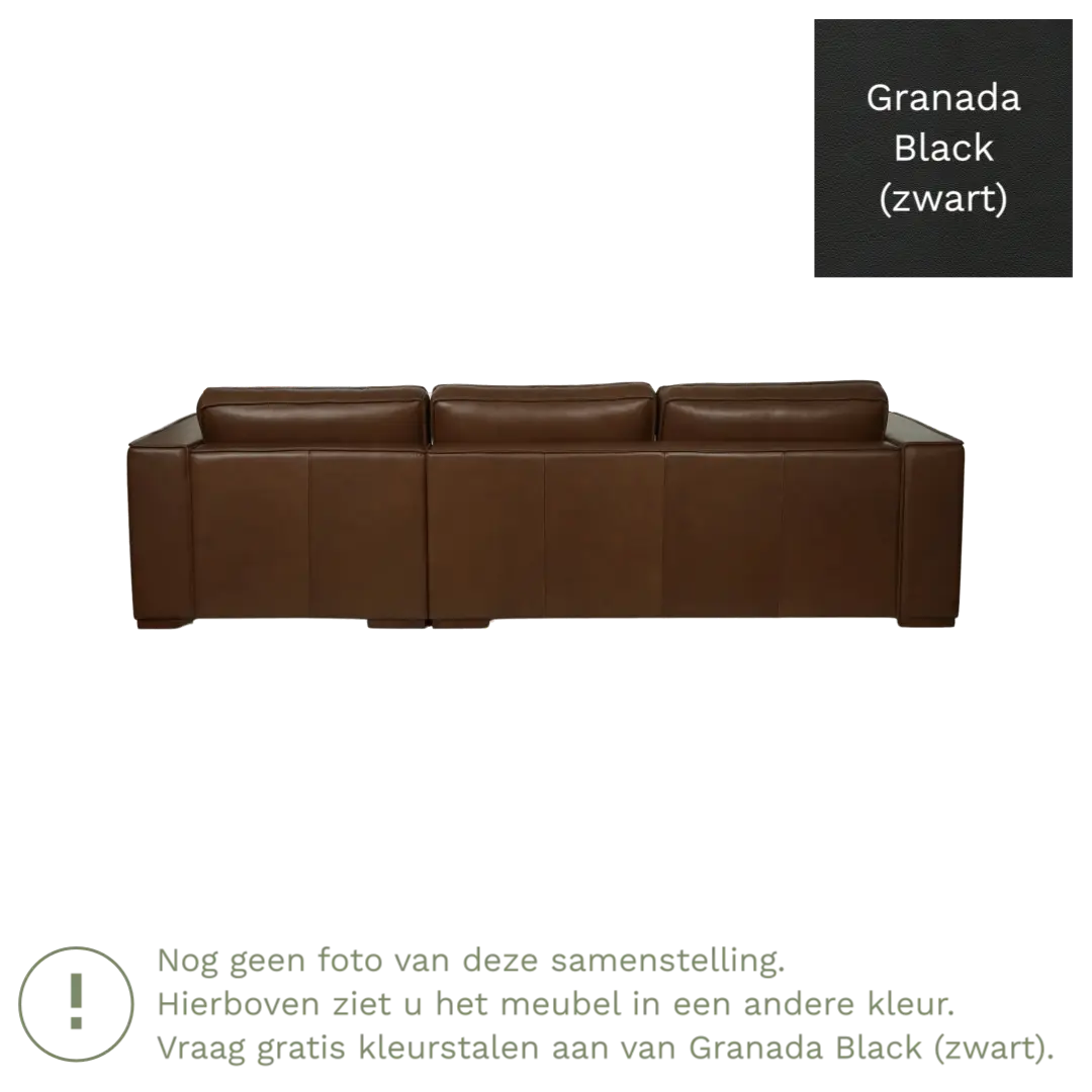 afbeelding van Leren hoekbank Fine - 3 zits arm rechts + longchair links - Granada Black (zwart) - Poten hout bruin