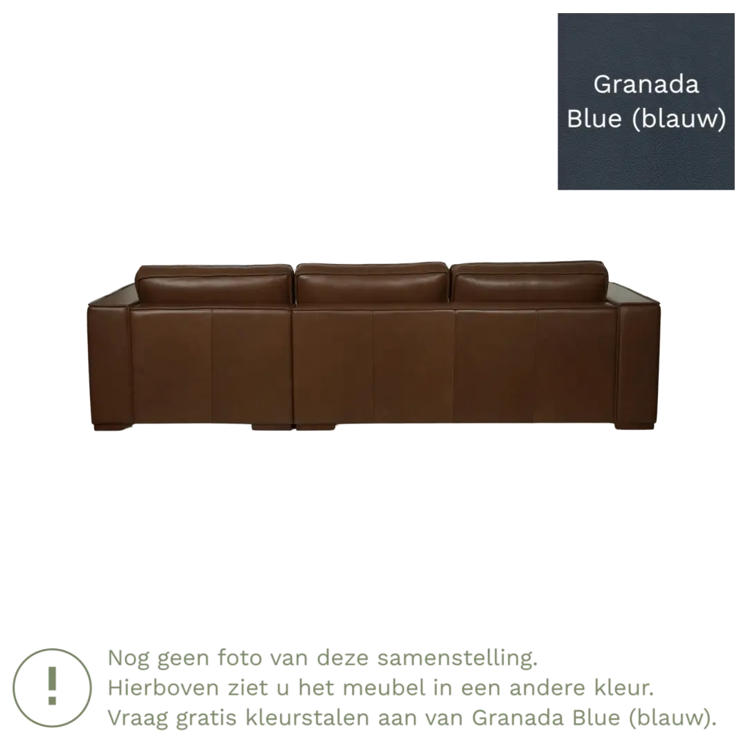 afbeelding van Leren hoekbank Fine - 3 zits arm rechts + longchair links - Granada Blue (blauw) - Poten hout bruin