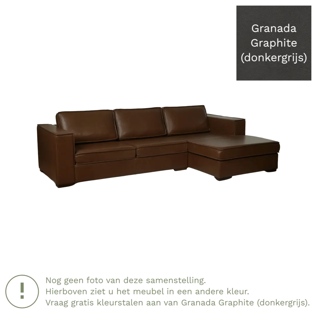 afbeelding van Leren hoekbank Fine - 3 zits arm rechts + longchair links - Granada Graphite (donkergrijs) - Poten hout bruin