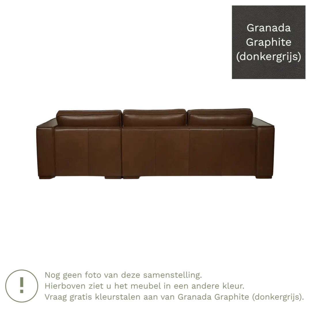 afbeelding van Leren hoekbank Fine - 3 zits arm rechts + longchair links - Granada Graphite (donkergrijs) - Poten hout bruin