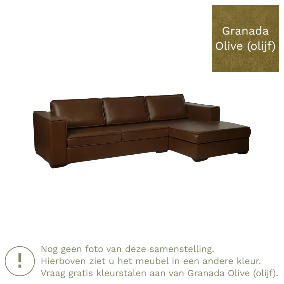 afbeelding van Leren hoekbank Fine - 3 zits arm rechts + longchair links - Granada Olive (olijf) - Poten hout bruin