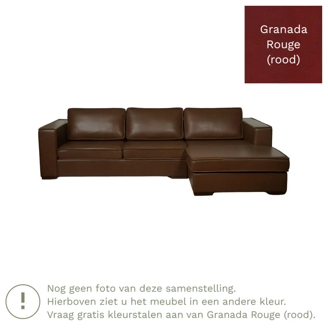 afbeelding van Leren hoekbank Fine - 3 zits arm rechts + longchair links - Granada Rouge (rood) - Poten hout bruin