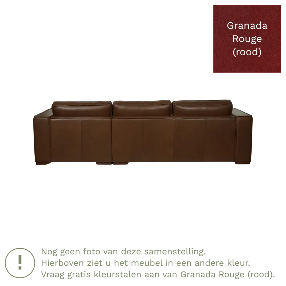 afbeelding van Leren hoekbank Fine - 3 zits arm rechts + longchair links - Granada Rouge (rood) - Poten hout bruin