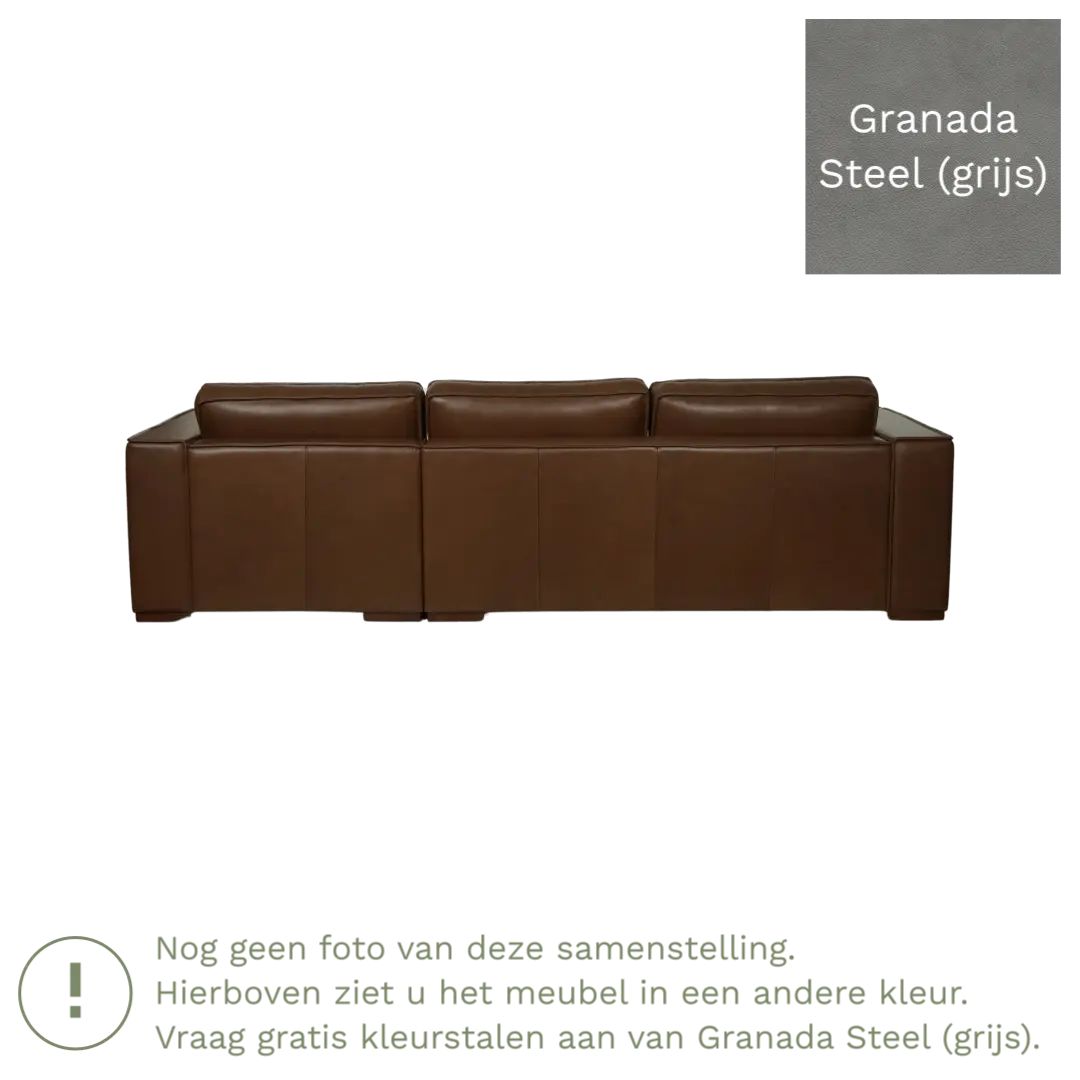afbeelding van Leren hoekbank Fine - 3 zits arm rechts + longchair links - Granada Steel (grijs) - Poten hout zwart