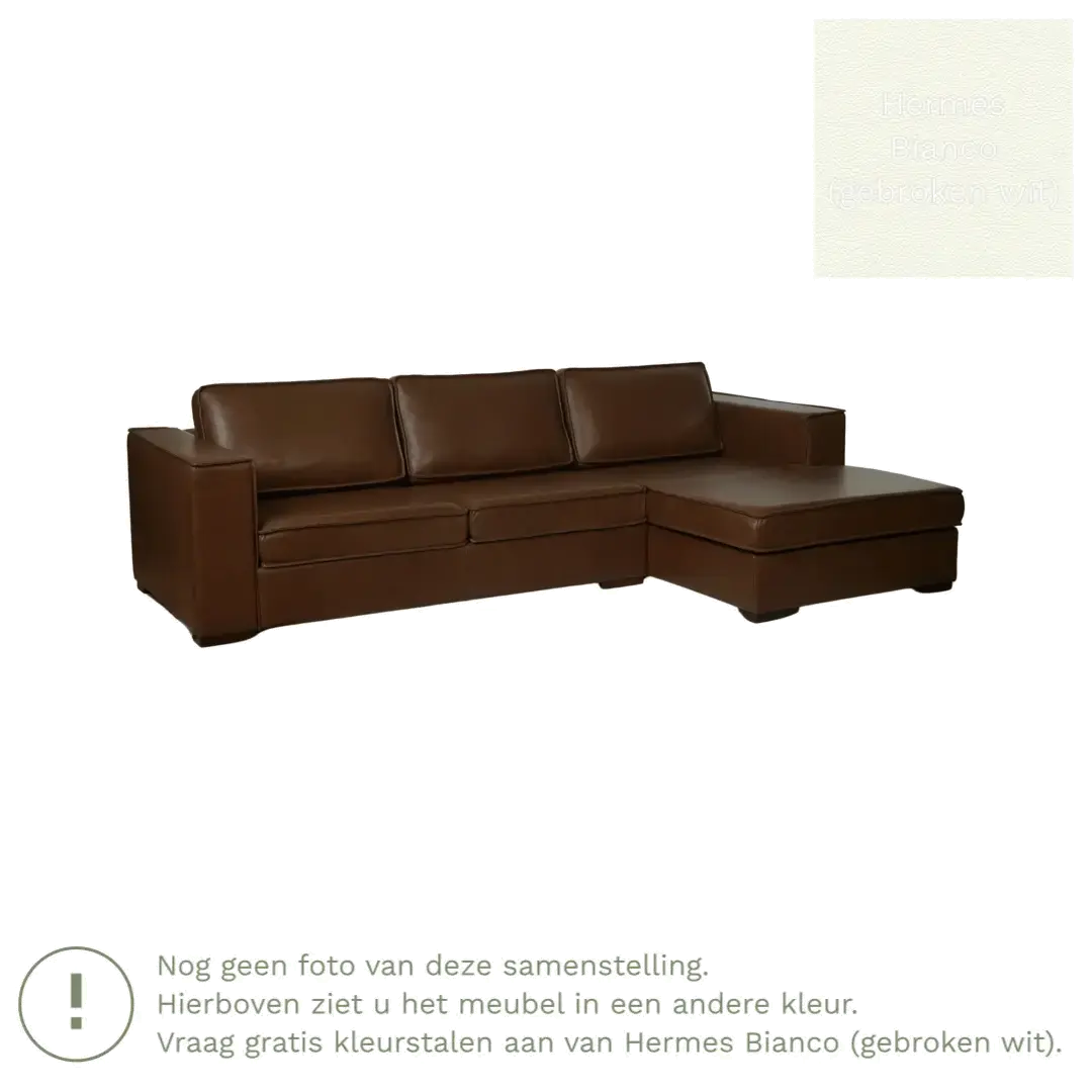 afbeelding van Leren hoekbank Fine - 3 zits arm rechts + longchair links - Hermes Bianco (gebroken wit) - Poten hout zwart