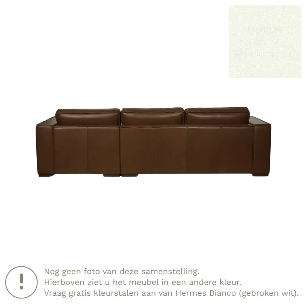 afbeelding van Leren hoekbank Fine - 3 zits arm rechts + longchair links - Hermes Bianco (gebroken wit) - Poten hout zwart