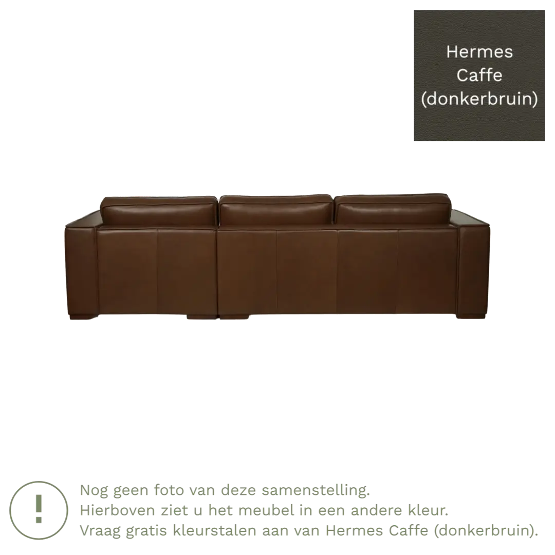 afbeelding van Leren hoekbank Fine - 3 zits arm rechts + longchair links - Hermes Caffe (donkerbruin) - Poten hout bruin