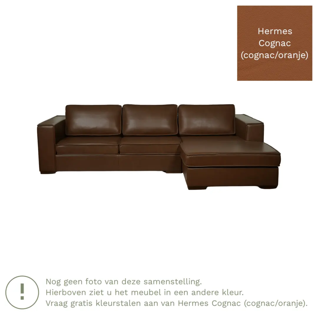 afbeelding van Leren hoekbank Fine - 3 zits arm rechts + longchair links - Hermes Cognac (cognac/oranje) - Poten hout zwart